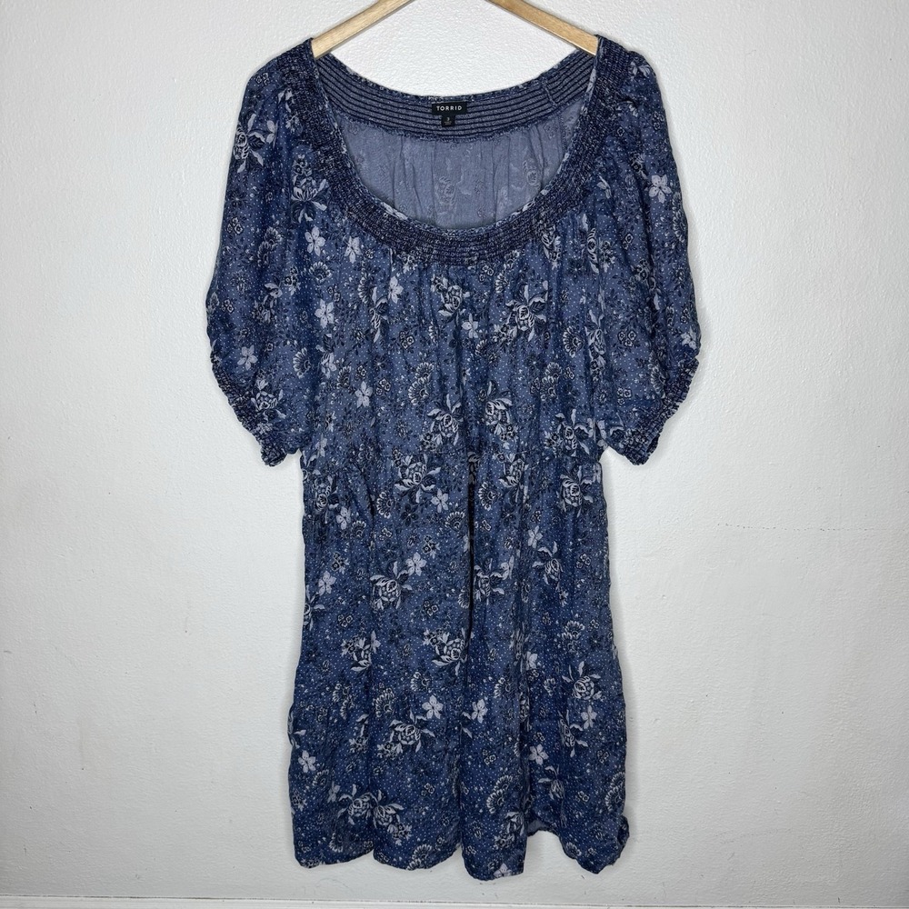 Torrid Mini Chambray‎ Puffed Sleeve Smocked Blue Floral Dress Womens 3X